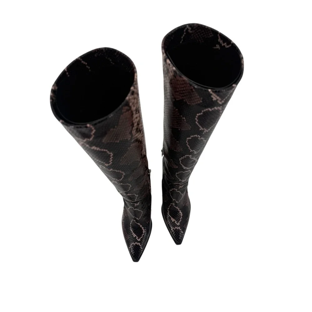 Vince Camuto Gravana Snake Print Knee High Boots Size 7.5 Brown Pointed Toe New